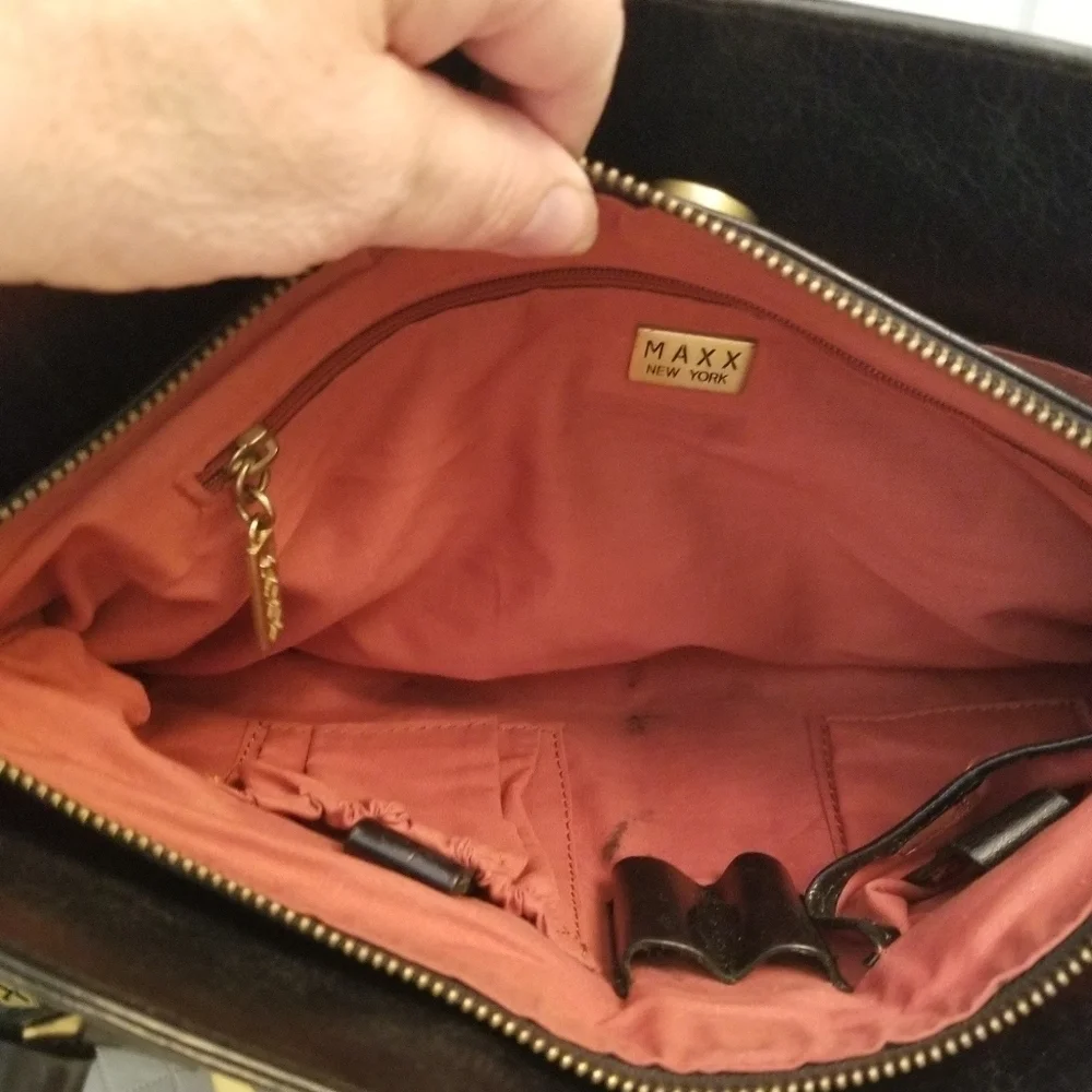 Maxx New York Black Gold Tone Zipper Pocket Studded Shoulder Bag
